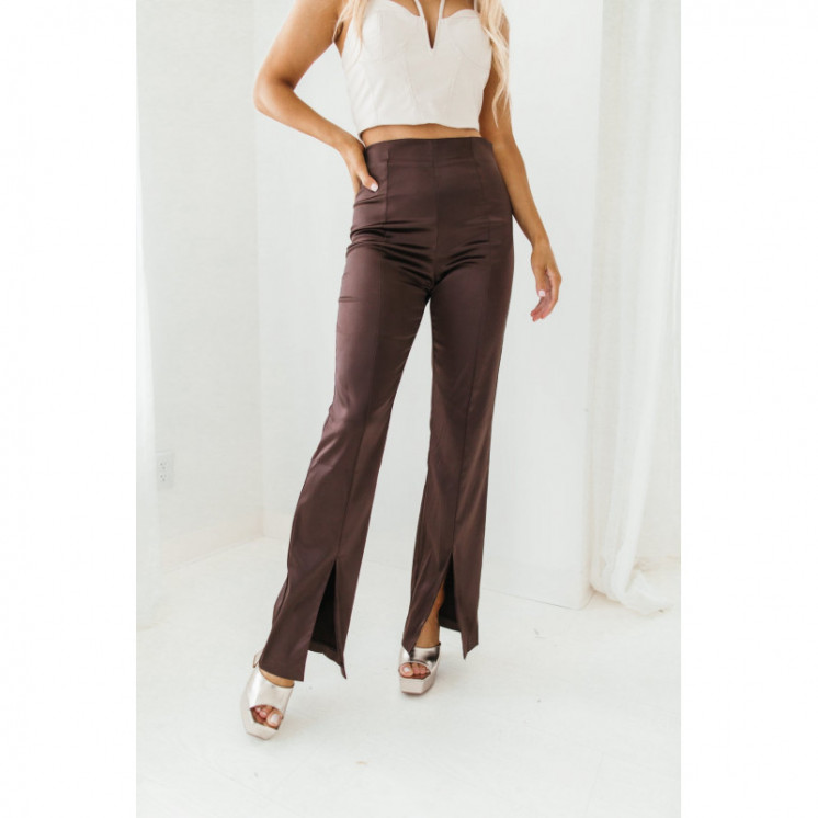 Brown Satin Front Slit Trousers