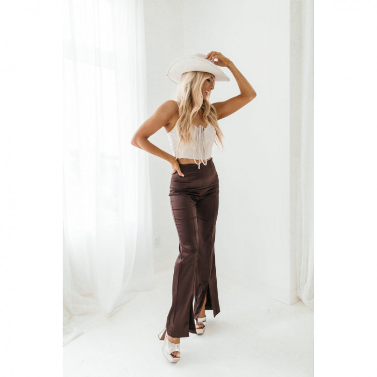 Brown Satin Front Slit Trousers